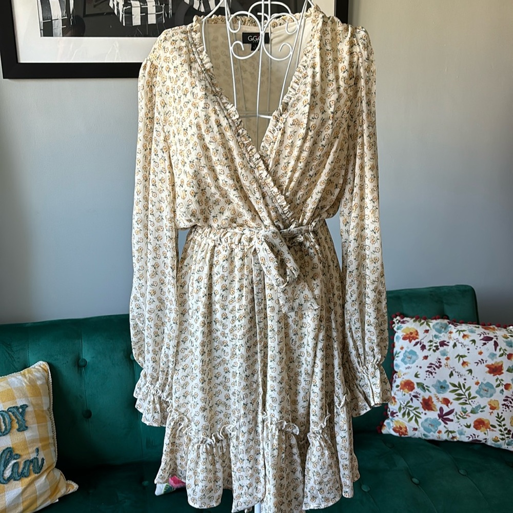 GiGio USA L Boho Mid Length Boho Flowy Dress  Cream/Gold